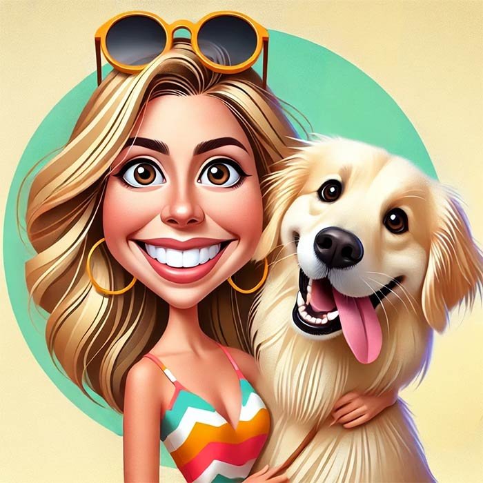 caricature of women and her Golden retriever