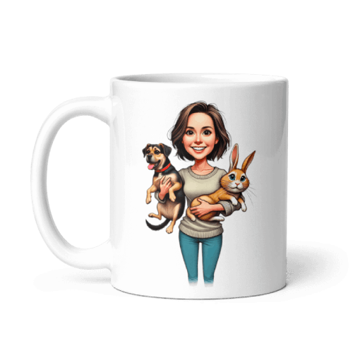 Woman Holding Dog and Rabbit Caricature Mug