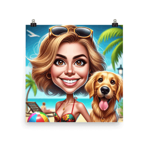 Woman with Golden Retriever on the Beach Caricature Drawing Poster