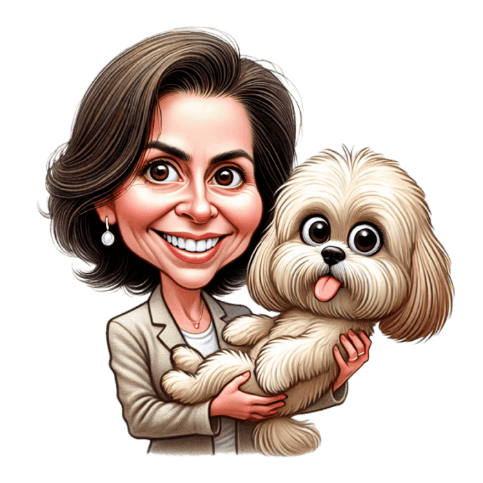 Funny Caricature Drawing Portrait of Woman Holding a Dog