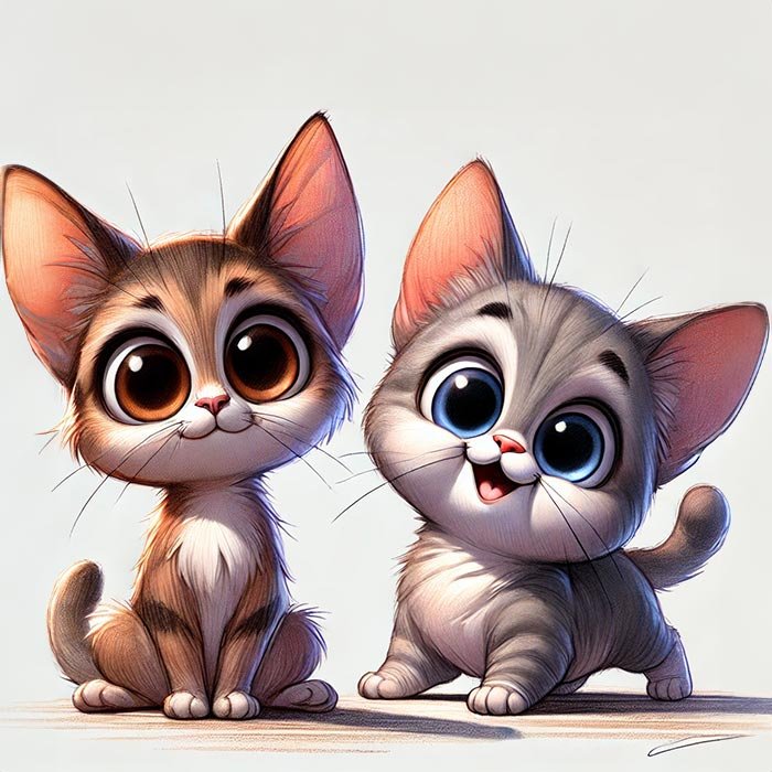 The caricature features two adorable kittens sitting side by side against a white background.