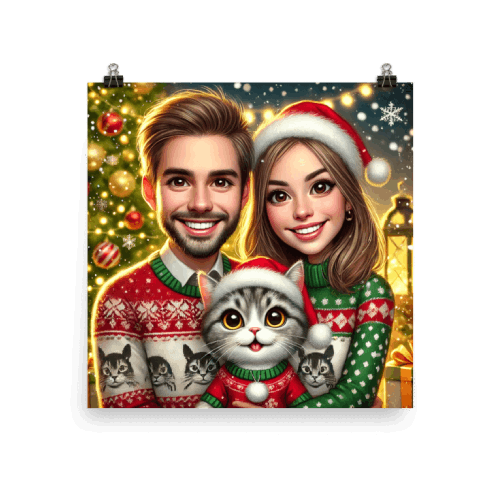 Christmas Themed Caricature of Young Couple with Cat - Printed on a Wall Poster