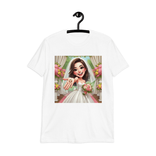 Bride Holding a Ring at the Wedding Day Caricature Drawing - T-Shirt