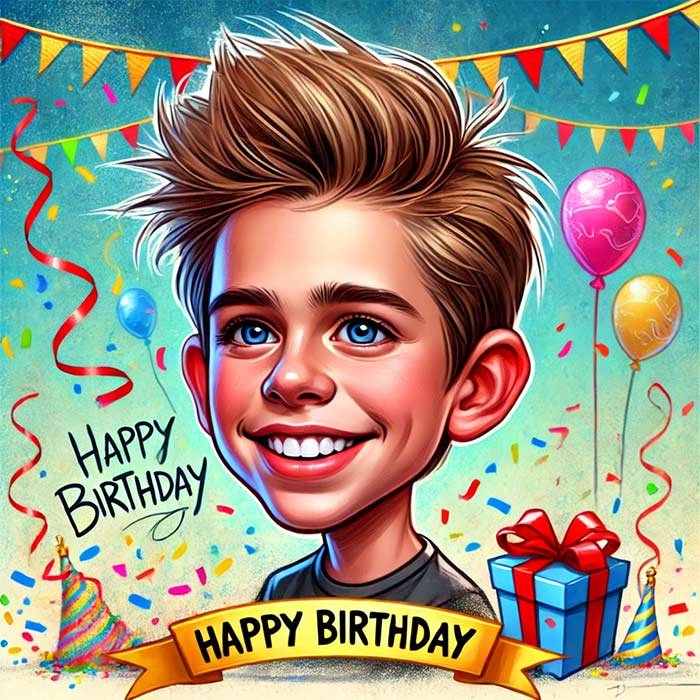 Birthday Caricature of a Boy with Blonde Hair, with Gifts, Confetti, and Balloons in the Background