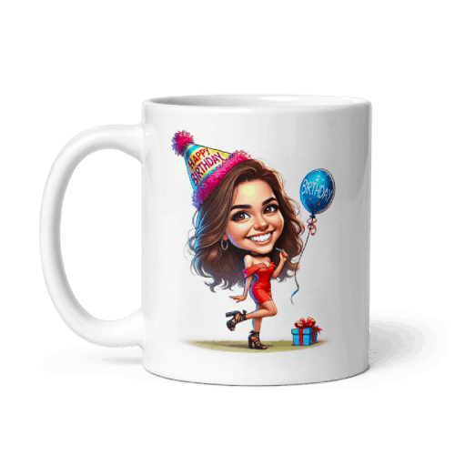 Birthday Caricature Mug with Personalized Illustration of Girl Holding Balloons