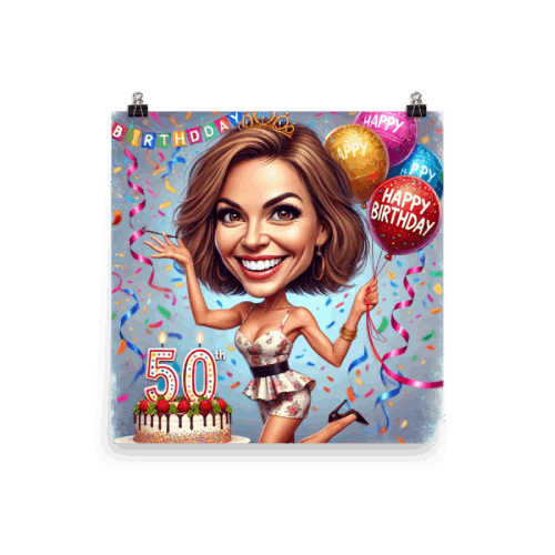 50th Birthday Woman Holding Balloons Caricature Drawing Poster