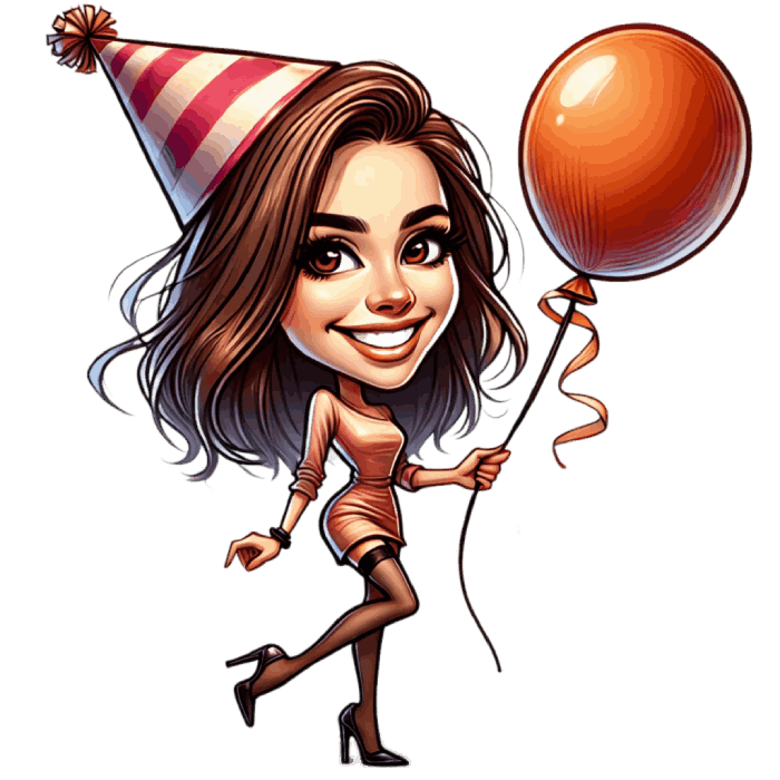 Birthday Girl with Birthday Cap Holding Orange Balloon - Caricature Drawing