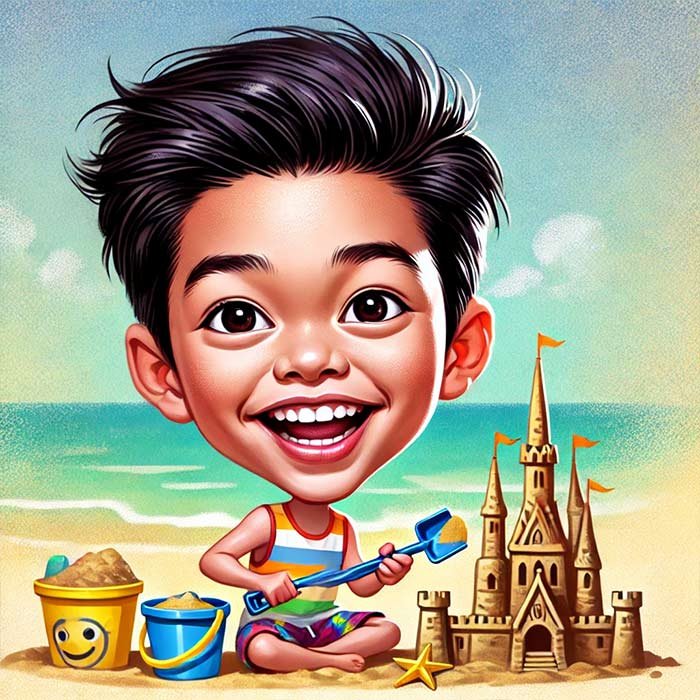 Caricature of a boy playing in the sand on the beach, building a sandcastle