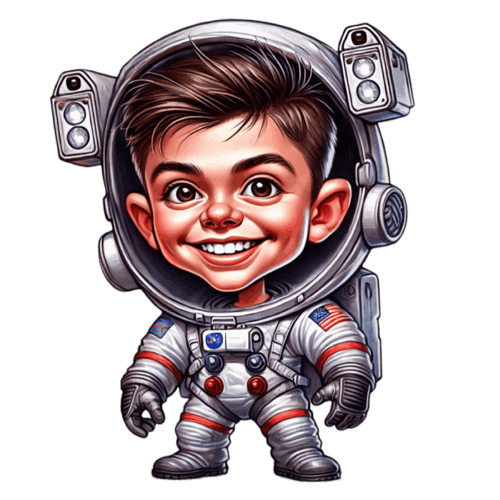 Cartoon caricature of a boy dressed as an astronaut with an American flag on his uniform