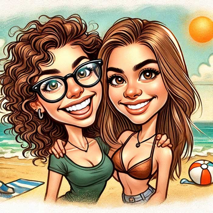 Sexy Caricature Drawing of Friends in Swimsuits on the Beach