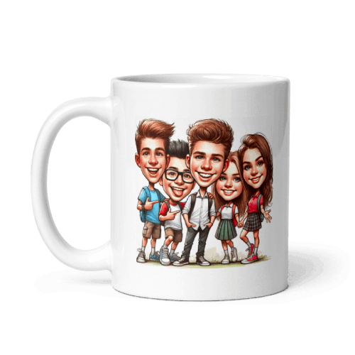 Caricature Drawing of 5 Friends Printed on a Coffee Mug