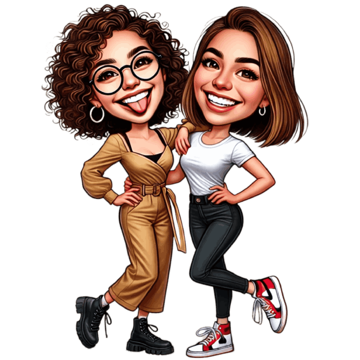 Full Body Caricature Drawing Portrait of Best Girlfriends Hugging