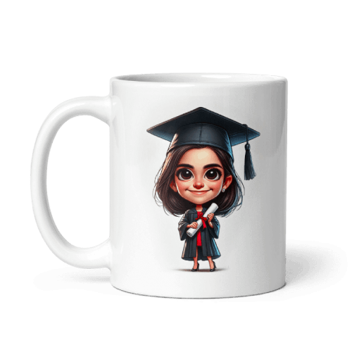 Graduate Girl with Big Eyes Caricature on White Mug