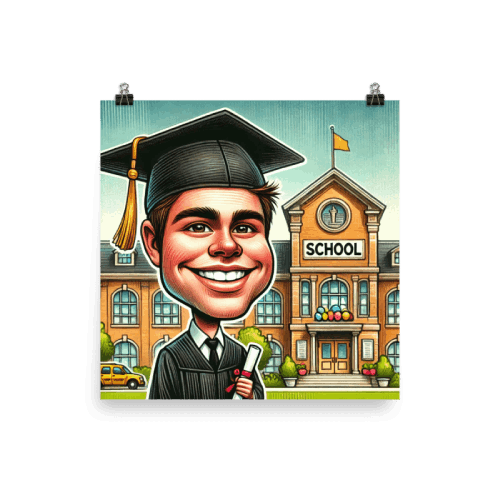 Graduate Boy in Front of School Caricature Drawing Poster