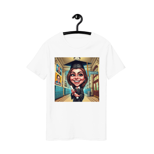 Caricature of Graduate Girl Smiling and Holding Diploma Printed on a White T-Shirt