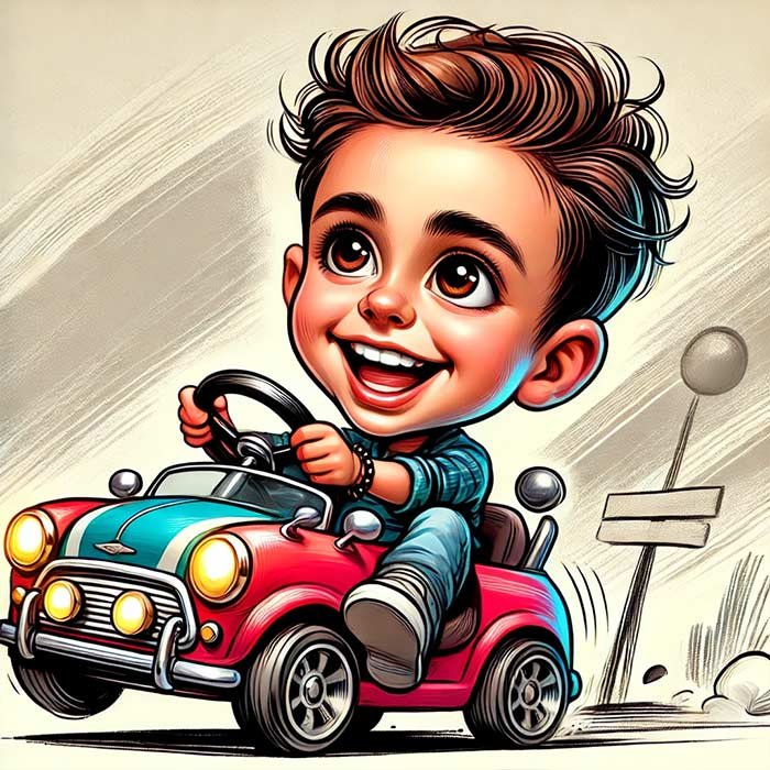 Caricature Drawing Portrait of a Boy Driving a Red Toy Car