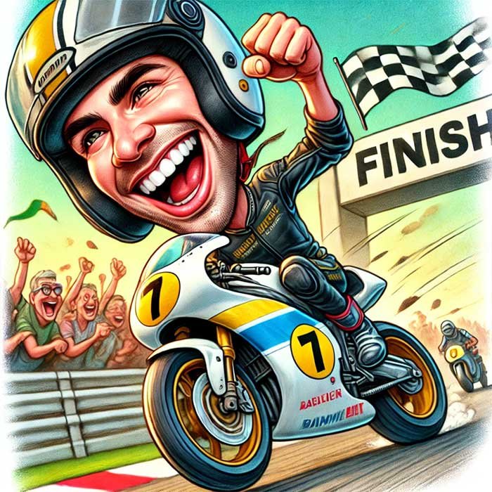 Caricature of a motorcycle racer winning a race