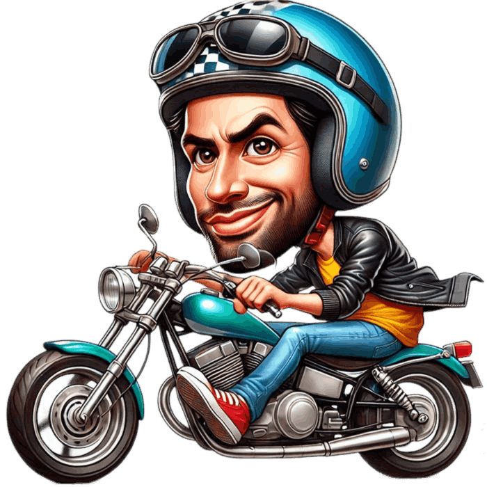 Caticature of biker on his green motorcycle, wearing a blue helmet