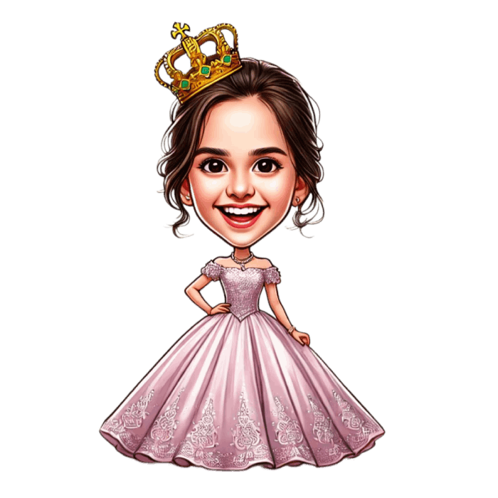 Caricature Drawing Portrait of Little Princess wearing Pink Dress