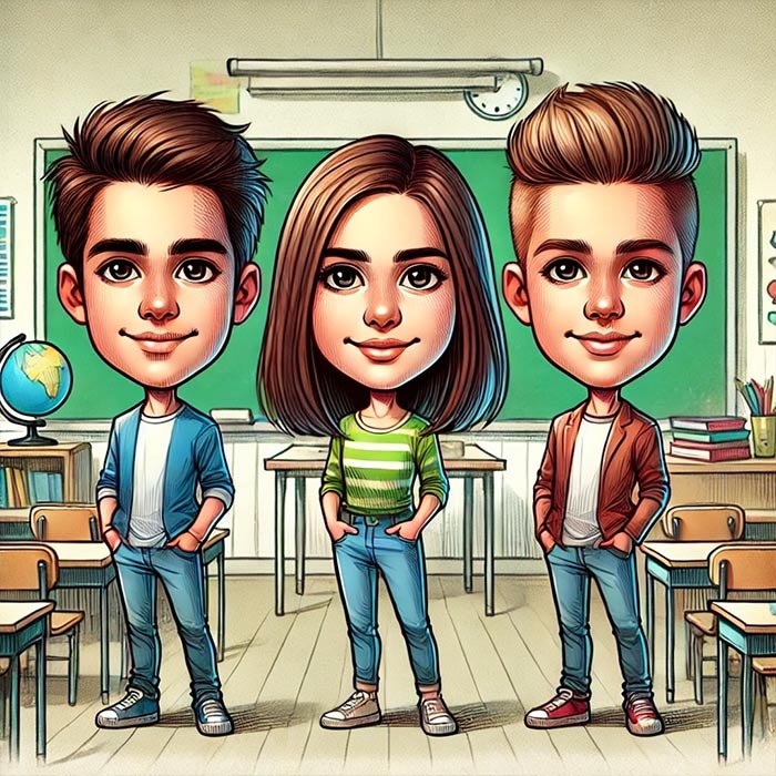 Caricature of 3 Students Posing with Hands in Their Pockets in Their Classroom