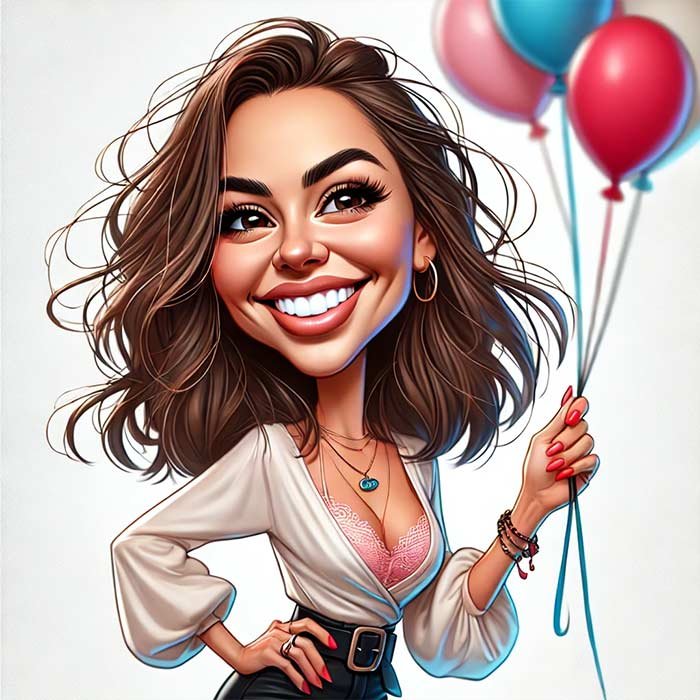 Caricature portrait of a young woman holding colorful balloons