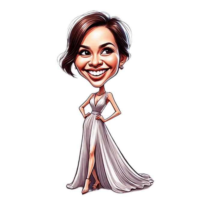 Caricature drawing of beautiful woman in long white dress