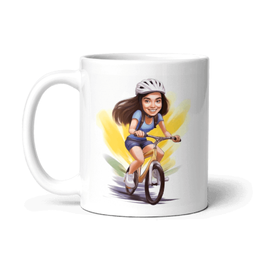 Young Girl Riding a Bike Caricature Drawing Printed on 11oz Mug