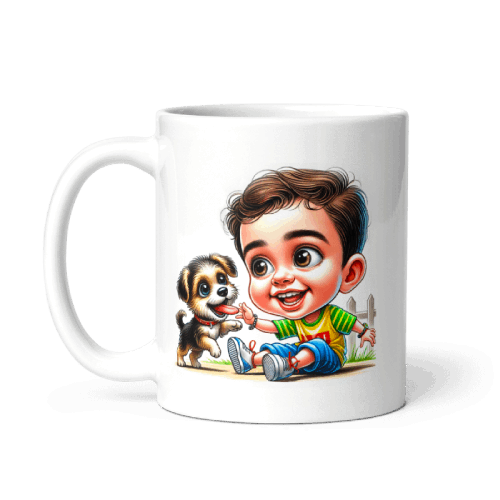 Caricature Drawing of Little Boy with Dog Printed on Mug