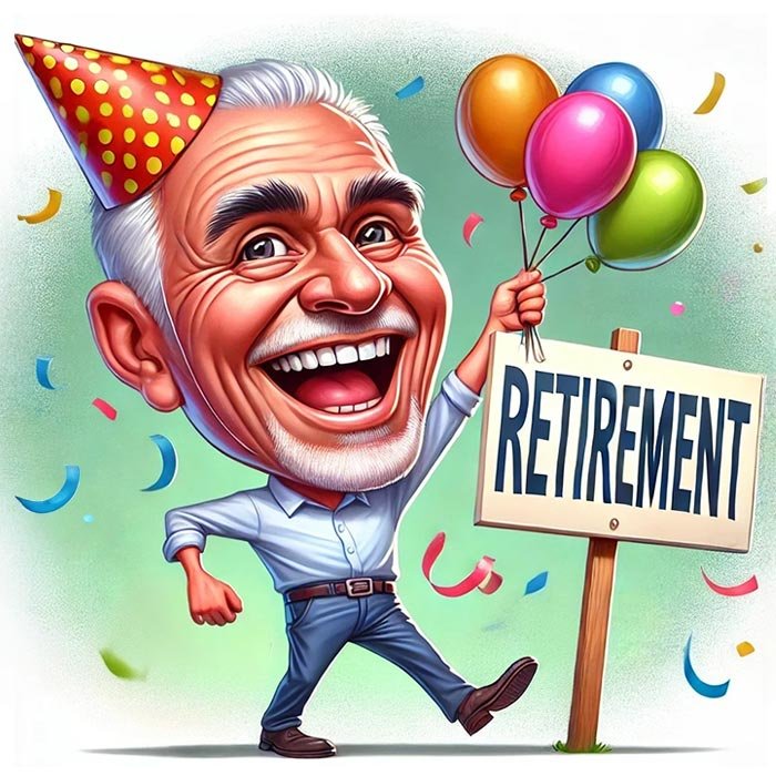 caricature of older man holding balloons, standing by retirement sign, confetti in background