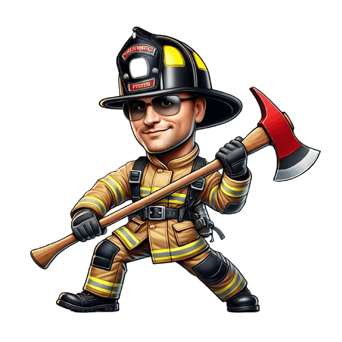 Caricature drawing of a fireman holding an axe