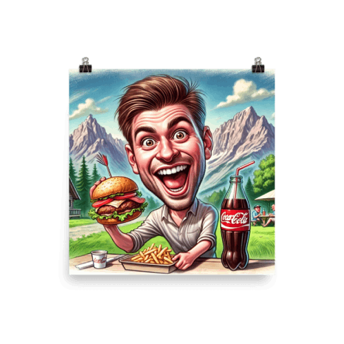 Caricature of Guy Eating Burger and Drinking Coca-Cola in Nature