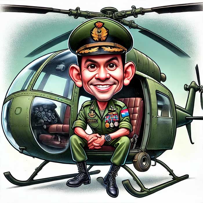 Caricature of a smiling soldier in full military uniform sitting in a helicopter cockpit, featuring medals and badges on his chest