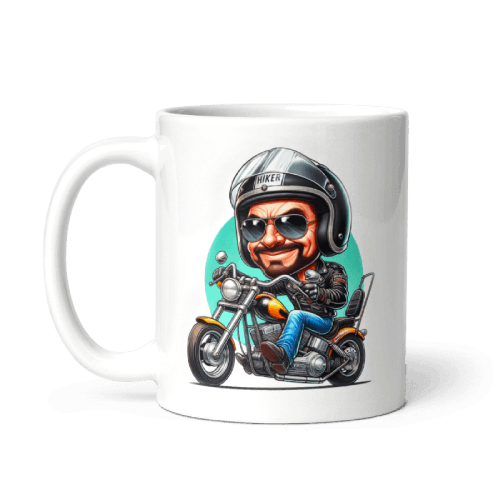 Caricature Drawing of Biker with Green Background Printed on Mug