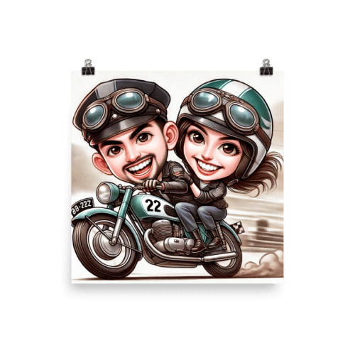 Cartoon Caricature of Couple on Motor - Poster