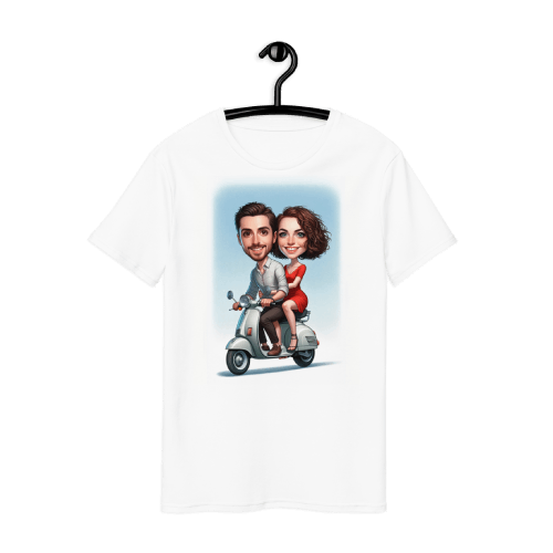 Caricature Drawing of Young Couple on Scooter Printed on a T-Shirt