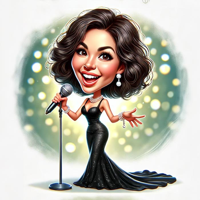 Caricature of a female singer performing solo on stage, dressed elegantly.